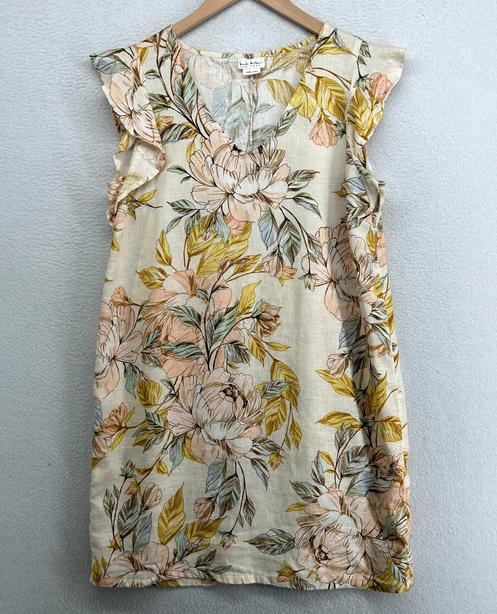 NICOLE MILLER Dress S 100% Linen Floral Sundress V-Neck Flutter Sleeveless Pink
